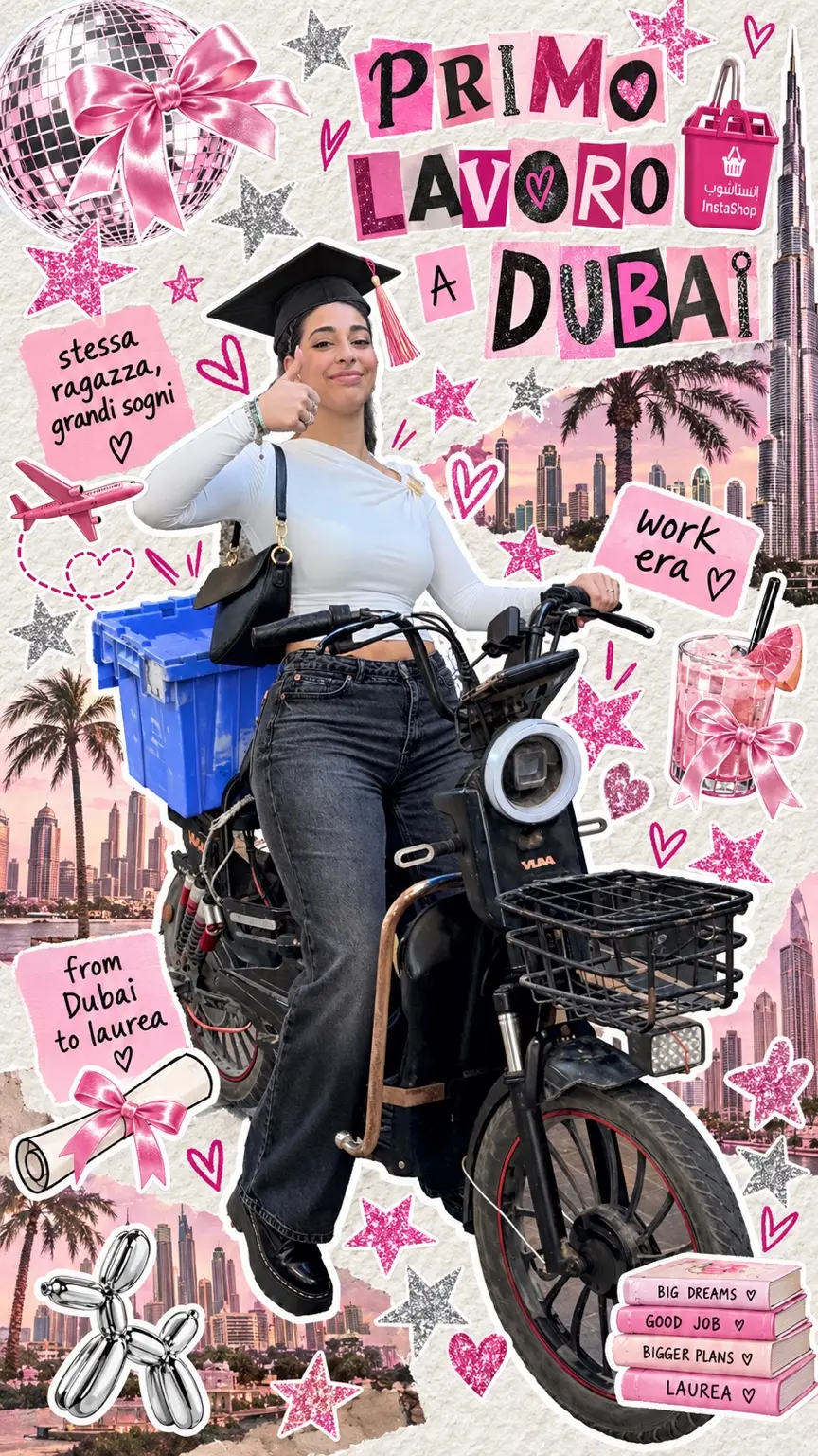 Silvia in bicicletta a Dubai nel collage del suo primo lavoro