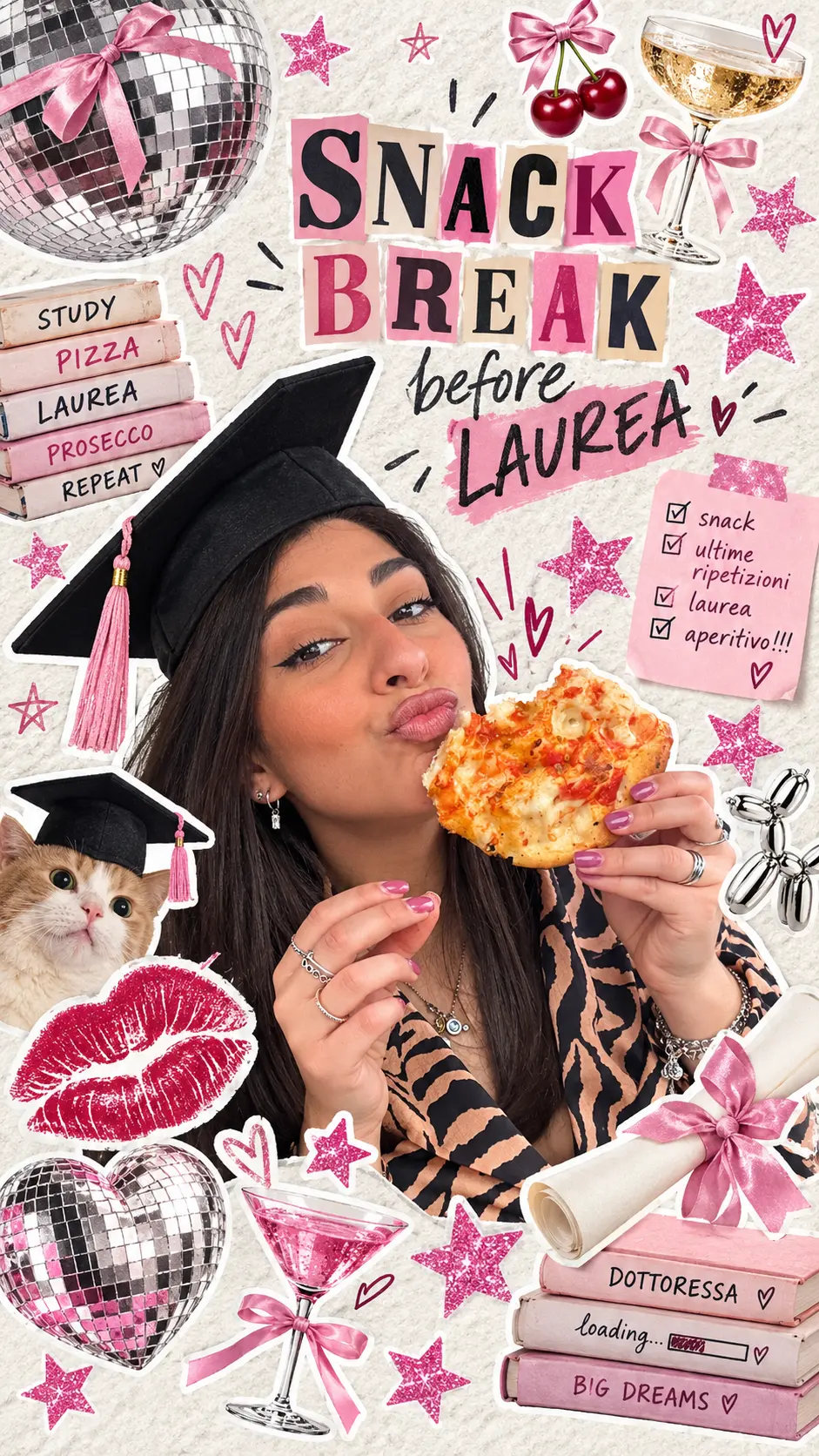 Silvia nel suo collage di laurea con un trancio di pizza